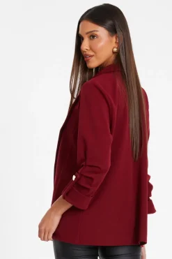 Quiz Dark Red Ruched Sleeve Blazer Burgundy Sale
