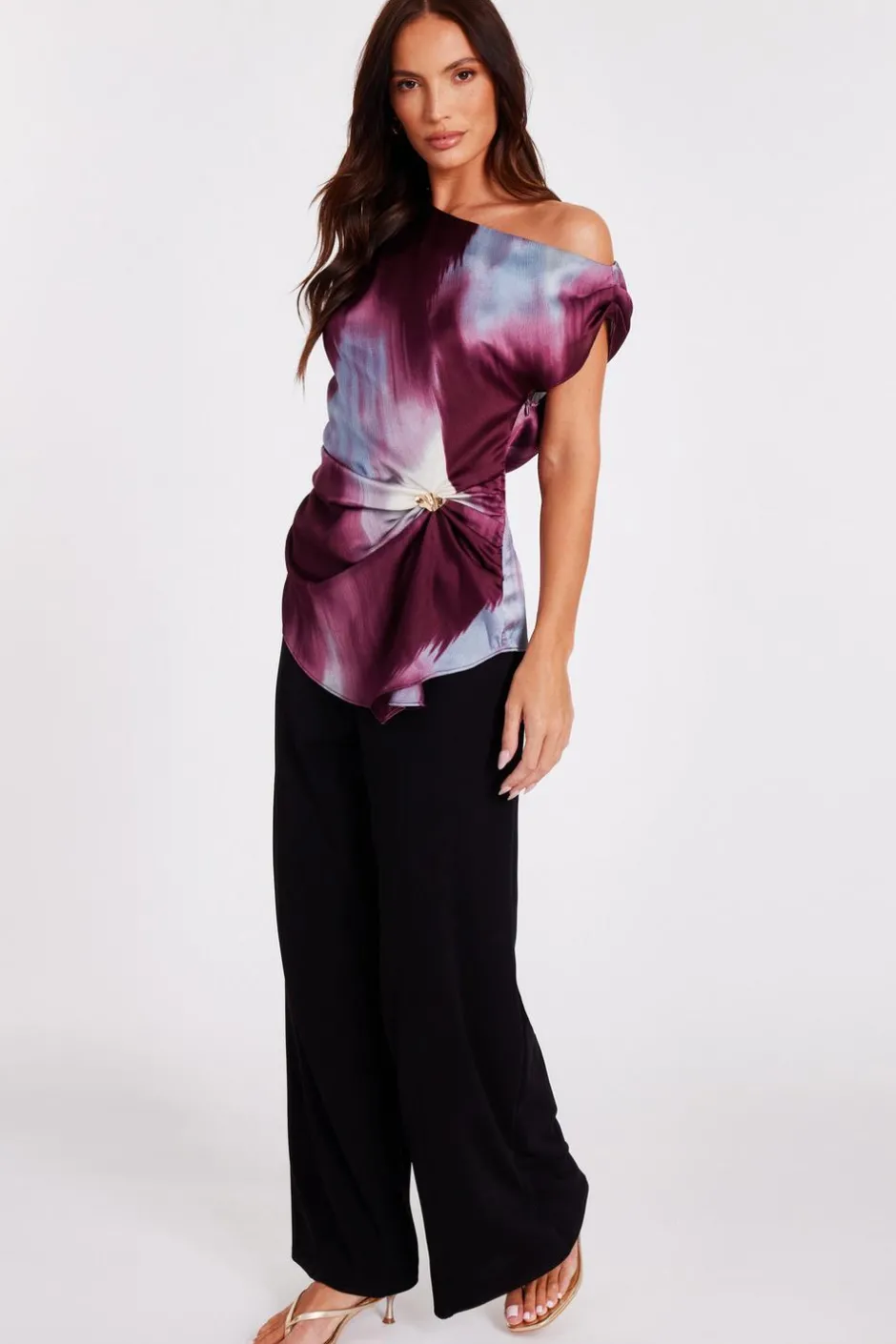 Quiz Dark Red Satin Drop Shoulder Top Clearance
