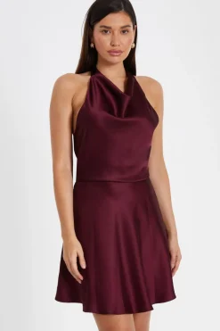 Quiz Dark Red Satin Mini Skater Dress Hot