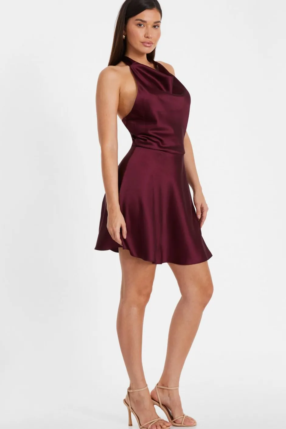 Quiz Dark Red Satin Mini Skater Dress Hot