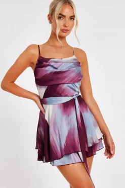 Quiz Dark Red Satin Printed Playsuit