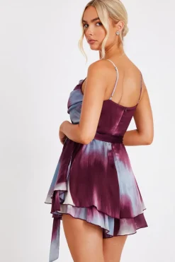 Quiz Dark Red Satin Printed Playsuit
