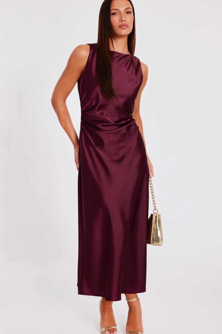 Quiz Dark Red Satin Ruched Midaxi Dress Berry Clearance