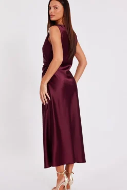 Quiz Dark Red Satin Ruched Midaxi Dress Berry Clearance