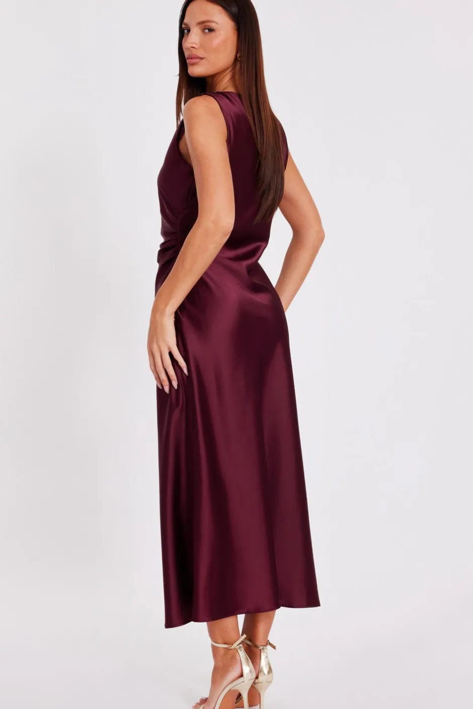 Quiz Dark Red Satin Ruched Midaxi Dress Berry Clearance