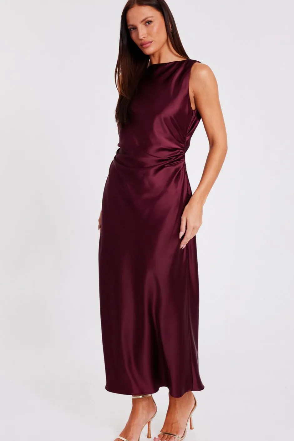 Quiz Dark Red Satin Ruched Midaxi Dress Berry Clearance