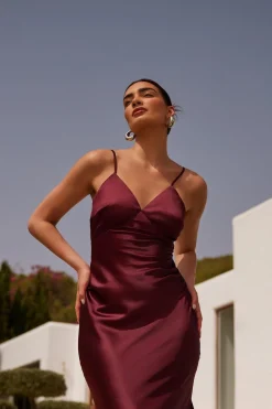 Quiz Dark Red Satin Slip Style Midaxi Dress