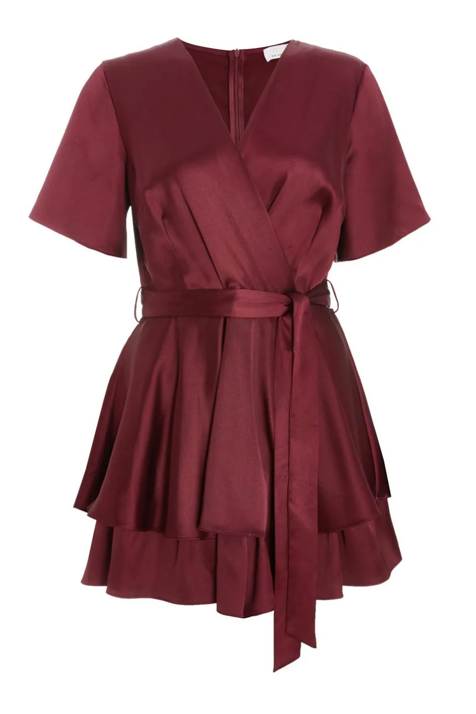 Quiz Dark Red Satin Wrap Tiered Playsuit New