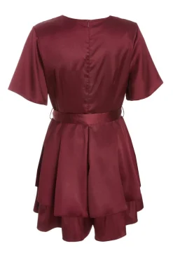 Quiz Dark Red Satin Wrap Tiered Playsuit New