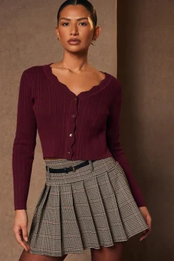 Quiz Dark Red Scallop Trim Cardigan Berry Clearance