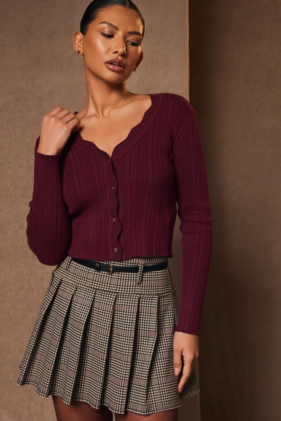 Quiz Dark Red Scallop Trim Cardigan Berry Clearance