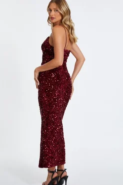 Quiz Dark Red Sequin Maxi Dress Berry Sale