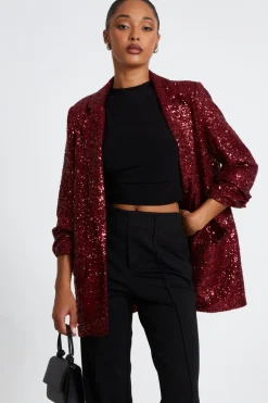 Quiz Dark Red Sequin Ruched Blazer Outlet