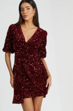 Quiz Dark Red Sequin Wrap Mini Dress New