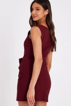 Quiz Dark Red Square Neck Mini Dress Berry Discount