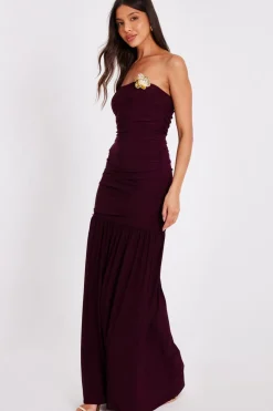 Quiz Dark Red Strapless Corsage Maxi Dress Hot