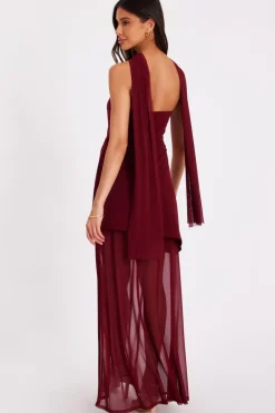 Quiz Dark Red Strapless Mesh Hem Maxi Dress Wine Clearance
