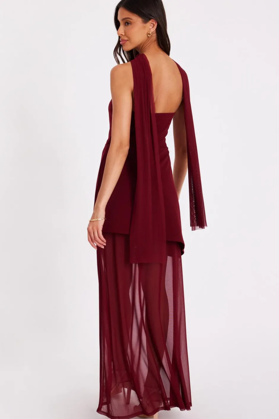 Quiz Dark Red Strapless Mesh Hem Maxi Dress Wine Clearance