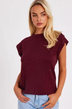 Quiz Dark Red Stud Detail Top Burgundy Discount