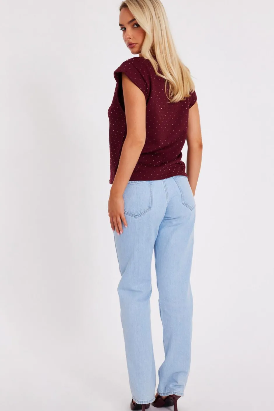Quiz Dark Red Stud Detail Top Burgundy Discount