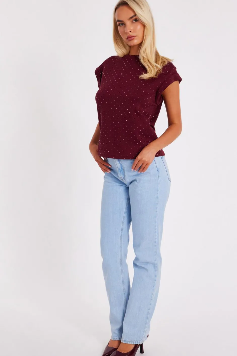 Quiz Dark Red Stud Detail Top Burgundy Discount