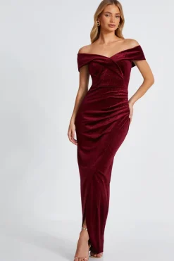 Quiz Dark Red Velvet Bardot Maxi Dress Best