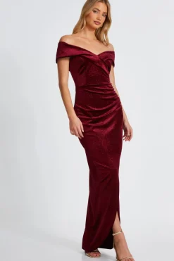 Quiz Dark Red Velvet Bardot Maxi Dress Best