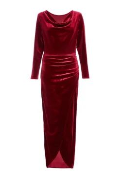 Quiz Dark Red Velvet Cowl Neck Maxi Dress Clearance