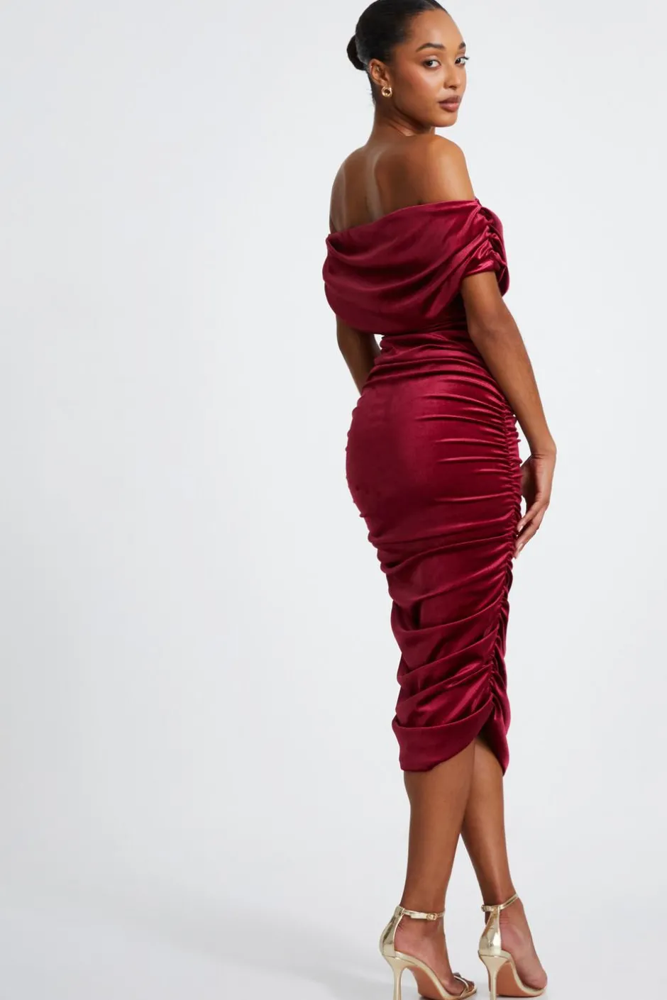 Quiz Dark Red Velvet Ruched Midi Dress Online