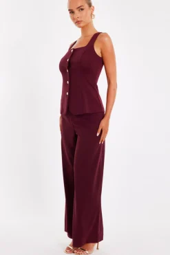 Quiz Dark Red Wide Leg Trousers Burgundy Outlet