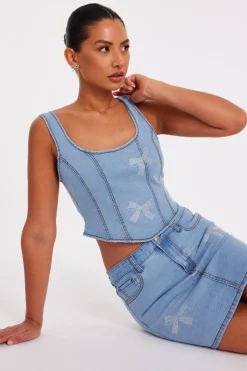 Quiz Denim Bow Embellished Crop Top New