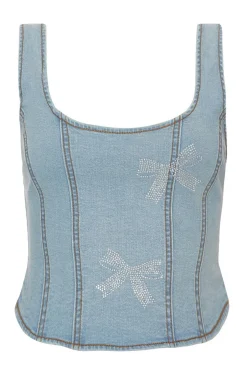Quiz Denim Bow Embellished Crop Top New