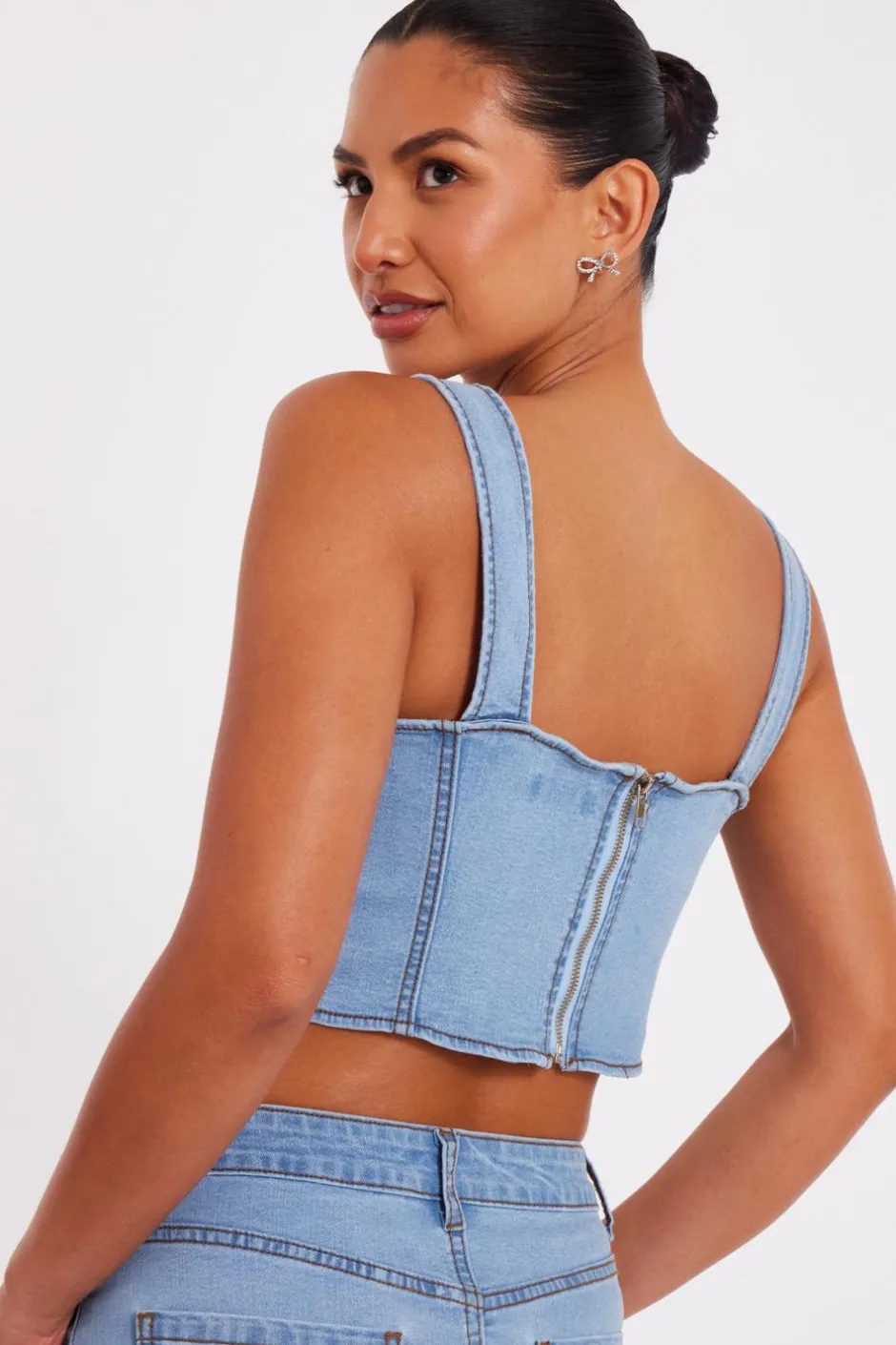 Quiz Denim Bow Embellished Crop Top New
