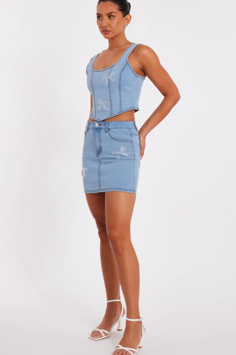 Quiz Denim Bow Embellished Crop Top New
