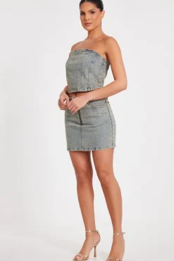 Quiz Denim Embellished Bandeau Top Outlet