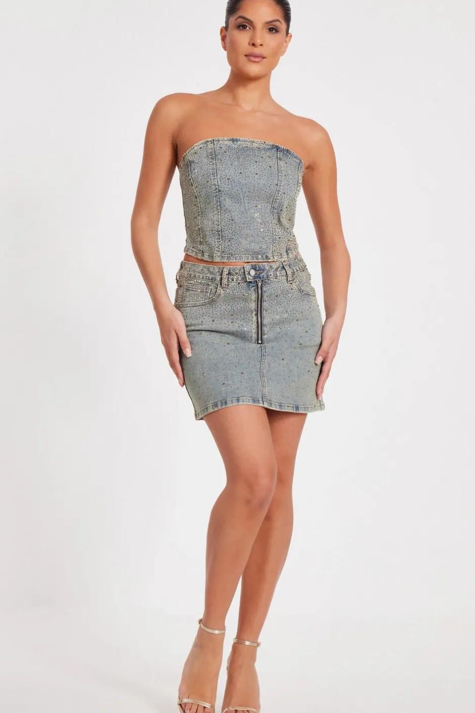 Quiz Denim Embellished Mini Skirt Sale