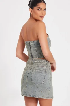 Quiz Denim Embellished Mini Skirt Sale