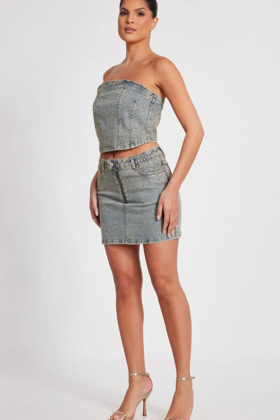 Quiz Denim Embellished Mini Skirt Sale