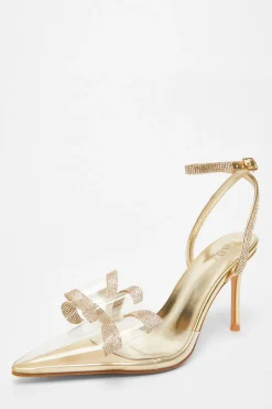 Quiz Bow Diamante Court Heels Gold Discount