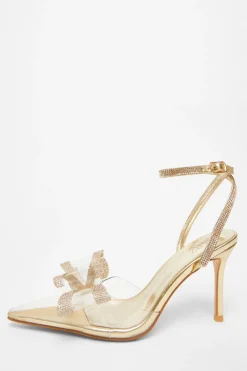 Quiz Bow Diamante Court Heels Gold Discount
