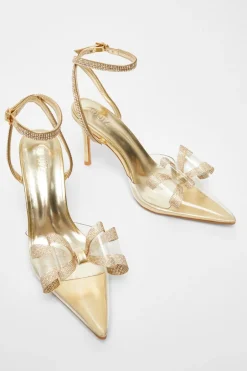 Quiz Bow Diamante Court Heels Gold Discount