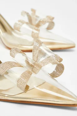 Quiz Bow Diamante Court Heels Gold Discount