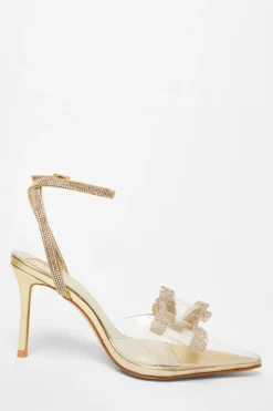Quiz Bow Diamante Court Heels Gold Discount