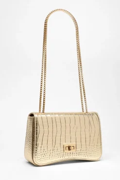 Quiz Gold Crocodile Print Cross Body Bag Clearance