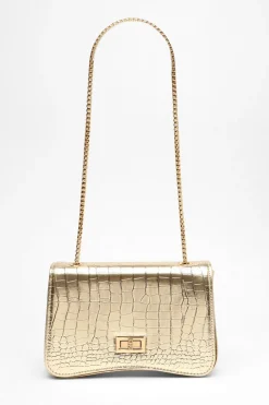 Quiz Gold Crocodile Print Cross Body Bag Clearance