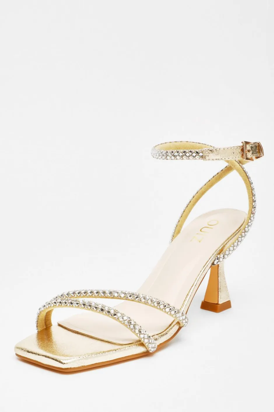 Quiz Diamante Asymmetric Heeled Sandals Gold