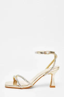 Quiz Diamante Asymmetric Heeled Sandals Gold