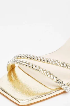 Quiz Diamante Asymmetric Heeled Sandals Gold