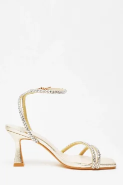Quiz Diamante Asymmetric Heeled Sandals Gold