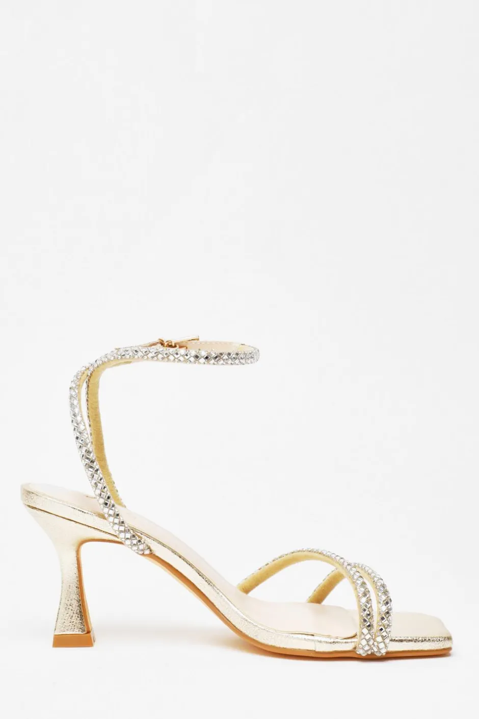 Quiz Diamante Asymmetric Heeled Sandals Gold